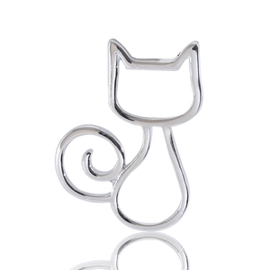 Minimalist silver cat-shaped metal brooch with hollow silhouette and polished finish
