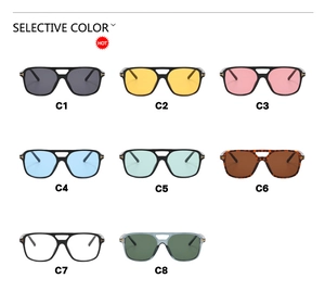 Detailed grid showing eight color options of pilot sunglasses with gold T metal hinges