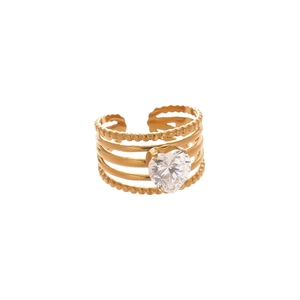 Minimalist gold multi-layer open ring featuring a heart-shaped zircon and beaded edges