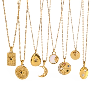 French Retro Star Pendant Necklace Stainless Steel 18K Gold Plated Zircon Sun Moon Shell Celestial Jewelry For Women