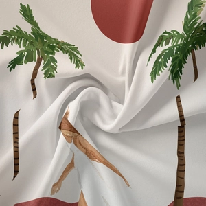 Detailed macro view of woven fabric texture with bohemian tropical palm tree print
