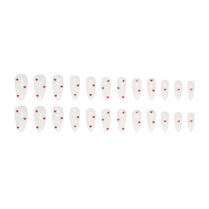 24 unghie finte a mandorla a punta con base bianco latte e motivi a cuore rosso