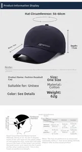 Detailed size chart for breathable cotton baseball cap with adjustable circumference