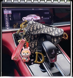 Detail of Dior-style saddle bag with Fortune Shibe cute shiba inu dog keychain