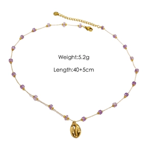 Dettaglio della collana di perle viola con ciondolo a conchiglia e dimensioni tecniche