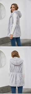 Detail of grey faux fur hooded vest showing soft texture and cozy fit from front and back