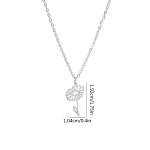 Detail view of silver daisy pendant with dimensions 1.92cm height and 1.04cm width