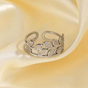 Adjustable leaf-shaped stainless steel open ring in silver finish on silk fabric