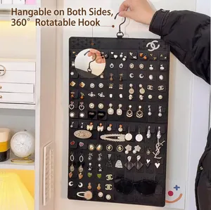 Black felt jewelry organizer with rotating hook for earrings and accessories wall hanging