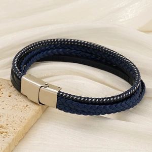Men Multi-layer Woven Bracelet With Stainless Steel Magnetic Clasp Leather Fiber Rope Retro Punk Style Navy Blue
