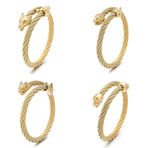 Bracelet Jonc Ouvert En Acier Inoxydable Tête De Loup Dragon Crâne Animal Câble Métallique Pour Hommes Bijoux Punk Viking