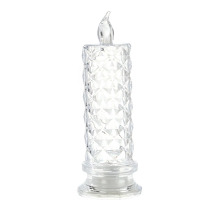 Detail showing the diamond faceted texture of a clear crystal LED rose light candle