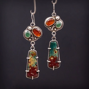 Vintage Nepal style sterling silver geometric earrings with colorful enamel and gemstones