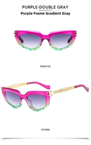Detail of purple cat-eye sunglasses with gold chain temples and gradient lenses