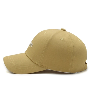 Classic khaki cotton baseball cap with white embroidered letters and curved brim