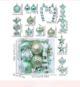 Mint green Christmas ornaments set details with various shapes and sizes in display box