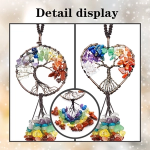 Detail display of Tree of Life pendants with colorful natural stones in heart and round shapes