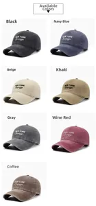 Detailed grid showing seven colors of washed cotton baseball caps with New York embroidery