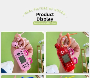 Close-up of mini Tetris game console keychains in pink, red, blue and yellow colors