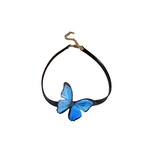 Elegant gradient blue butterfly choker necklace with black velvet ribbon and gold chain