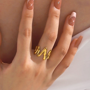 Irregular Wave Open Ring Stainless Steel 18K Gold Plated Minimalist Fluid Lava Style Adjustable Finger Jewelry For Women