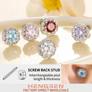 Flower Cubic Zirconia Stud Earrings Titanium Steel Screw Back Halo Floral Ear Bone Piercing For Women