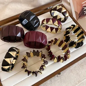 Vintage wide stretch bracelet set in black, burgundy and gold geometric tile design
