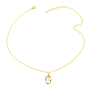 Golden necklace with rainbow zircon pendant featuring an oval letter A design