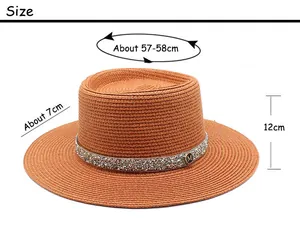 Size chart for brown straw boater hat showing 57-58cm circumference and 7cm brim width