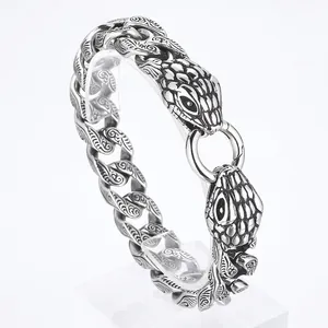 Double Snake Head Bracelet 316L Stainless Steel Antique Silver Cuban Link Chain Punk Gothic Vintage Floral Carved Men