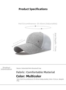 Detailed spec chart for grey mesh sun hat with 10.5cm extended brim dimensions