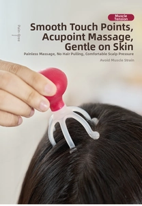Close-up of flexible 5-claw scalp massager with red handle used on hair for relaxation
