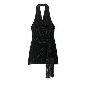 Velvet Halter Mini Dress With Fringe Tassel Backless Bodycon Party Clubwear For Women Sexy Sleeveless Wrap
