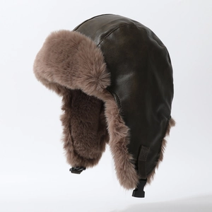 Winter thermal trapper hat with dark brown faux leather and thick warm faux fur lining