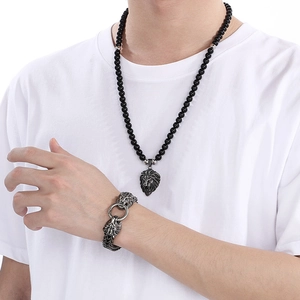 Vintage stainless steel lion head pendant necklace and beaded bracelet jewelry set for men
