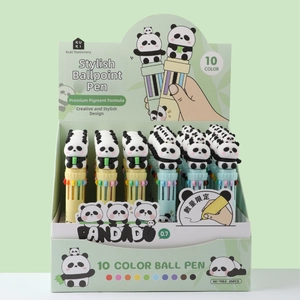 Close-up of 10-color panda ballpoint pens with 3D silicone tops in a display box
