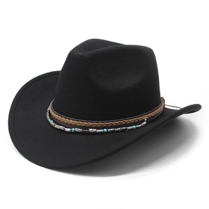 Western Cowboy Hat Woolen Felt Wide Brim Ethnic Vintage Jazz Fedora With Braided Leather Turquoise Bead Band For Men Women