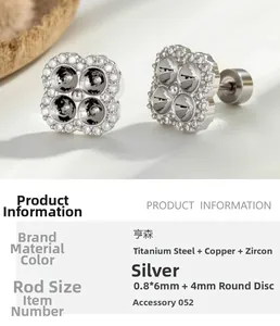 Detail view of silver clover piercing stud with 0.8x6mm screw post and zirconia inlays
