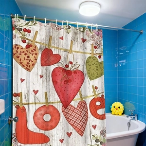 Detail of waterproof polyester shower curtain with rustic heart patterns and LOVE text