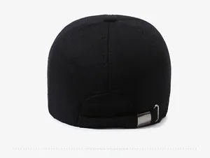 Close-up of winter baseball cap back view with adjustable metal buckle and warm wool fabric