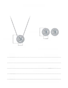 Size chart showing 925 silver halo necklace and earrings dimensions with 0.5Ct stone