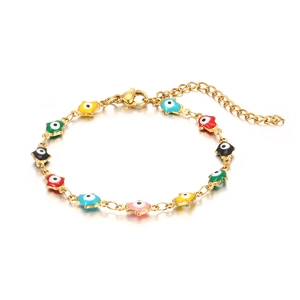 Golden stainless steel evil eye bracelet featuring vibrant multicolor enamel eye charms