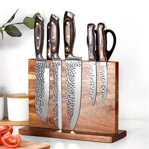 Magnetic Knife Holder Acacia Wood Double Sided Universal Knife Block Detachable Stand For Kitchen Countertop Storage