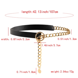 Detailed size specifications for a layered black leather belt with gold chain accents