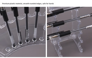 Macro detail of clear acrylic pen stand showing rounded smooth edges and tiered slots