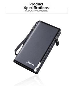 Detailed macro view of long black business wallet featuring zipper and wrist strap