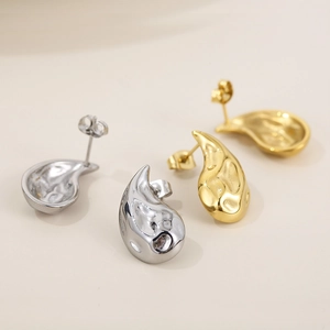 Minimalist 18K gold and silver stainless steel teardrop earrings with hammered texture