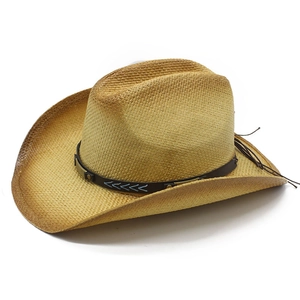Classic straw cowboy hat with embroidered leather band and wide curved brim for summer