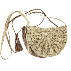 Minimalist straw woven crossbody beach bag for women with tassel detail and semi-circle design