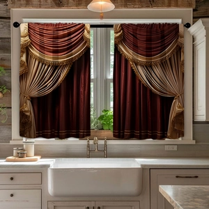 Detail of 2pcs kitchen curtains with burgundy and gold splicing and elegant tassels